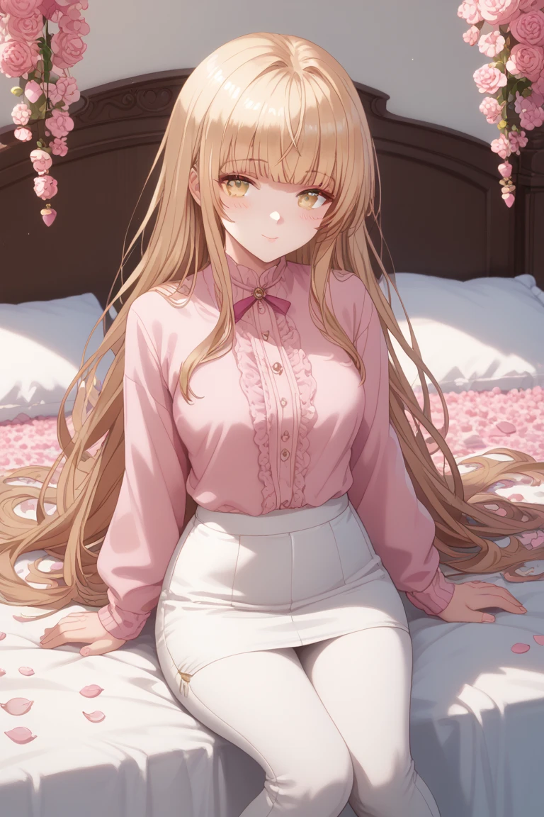 Character Shiina, beautiful face, blushing , Gold-colored eyes ,sedikit senyum,  Wearing a pink shirt ,short white skirt pants , location inside a luxury home,sitting on his bed ,1 gadis,  alone , there are leaves2 pink flowers on the bed, spacious and luxurious bed of pink color ,