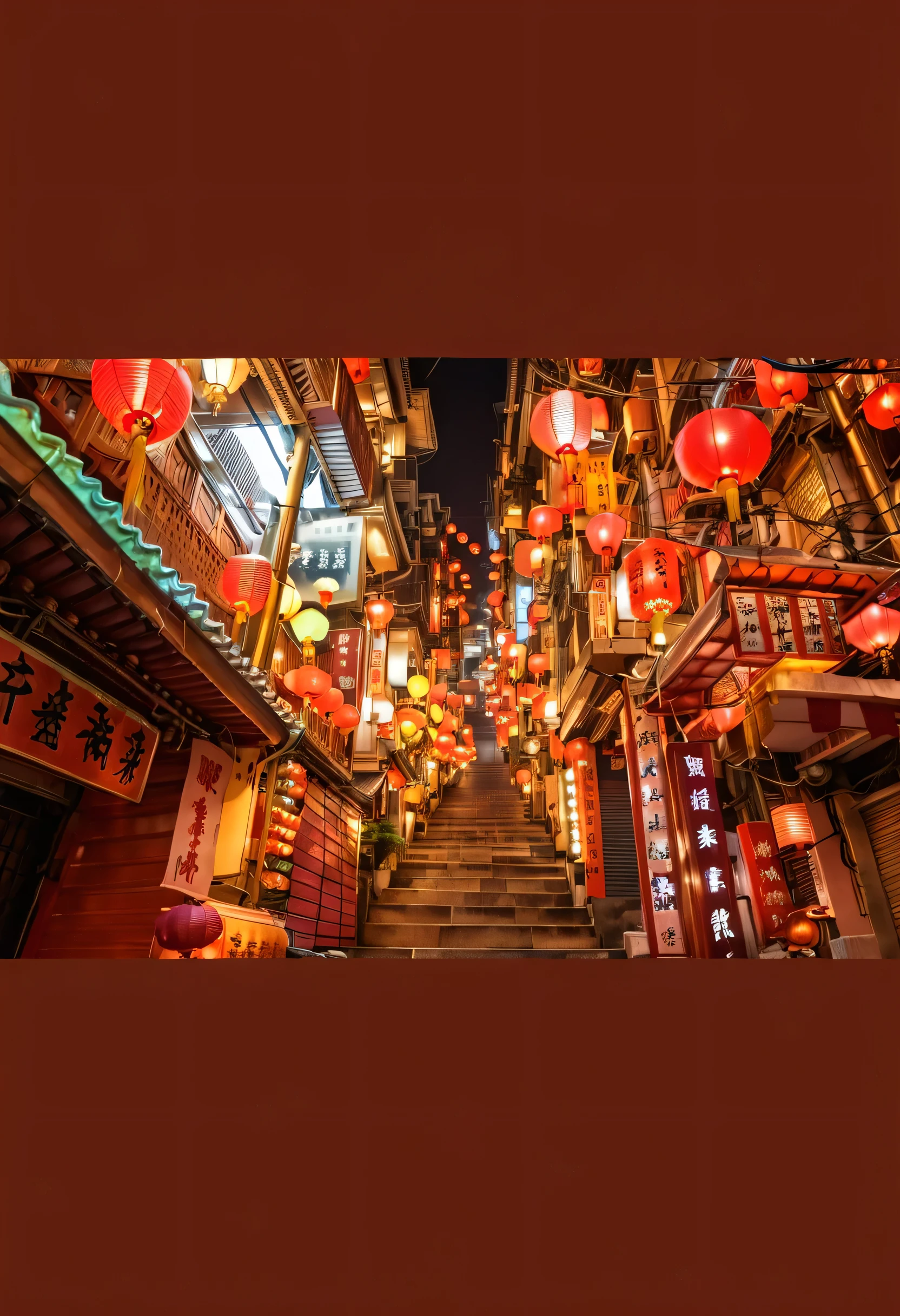 aerial view of a street with lots of stairs and lanterns, like Jiufen, Dreamy city in China, Street lamp glow, Street lamp are shining, narrow Chinese alley , Chinatown, Night lanterns , Street lamp, Chinatown blade runner, Hong Kong streets , Colorful , Japan town at night , there is an ancient city street