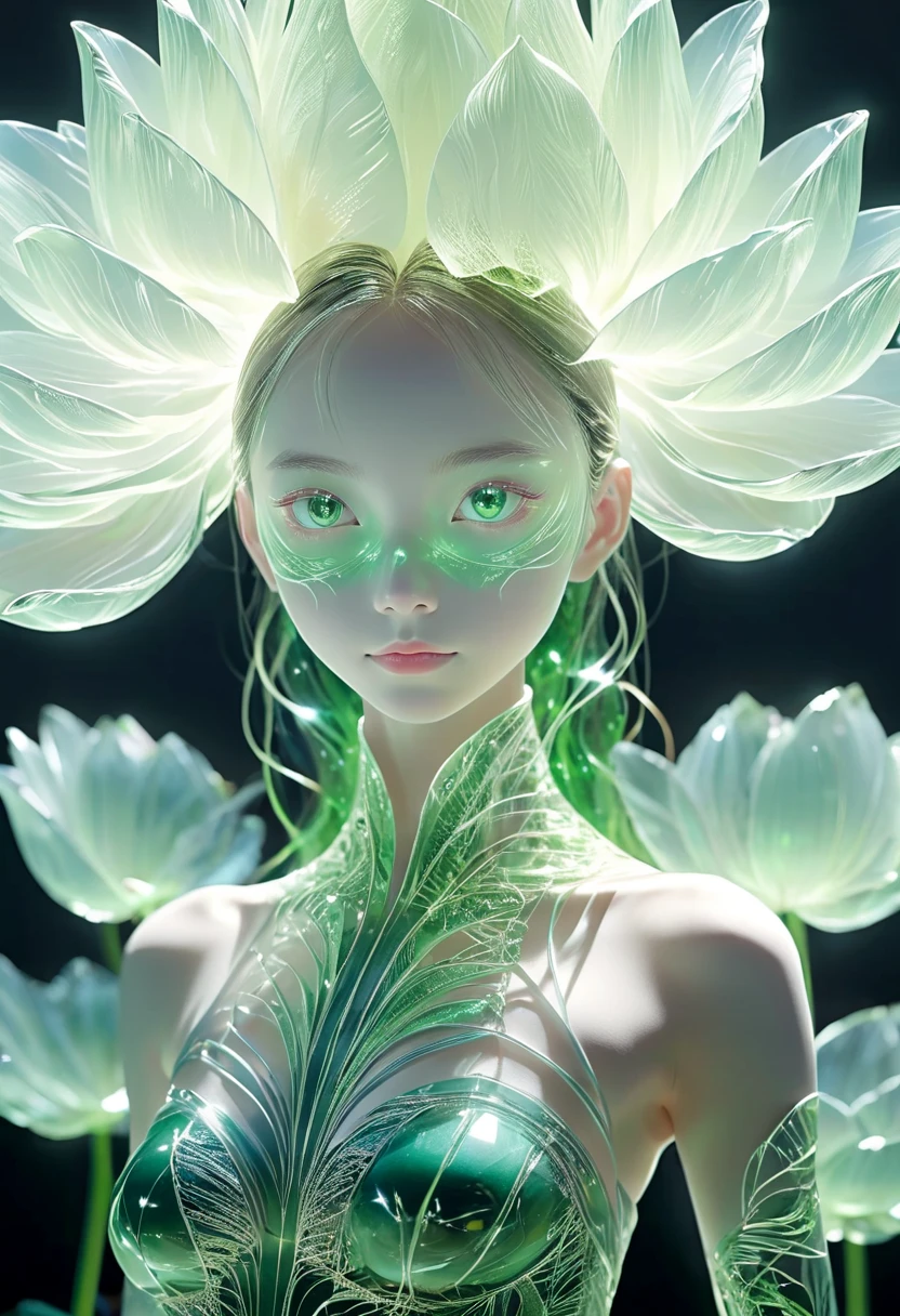 There is a picture of a flower glowing in the dark, glowing delicate flower, green aura, emanating and flowing energy, Lotus, Glowing aura, Liquid luminescent aura, glowing from within, glowing green, lotus flower, green glow, Glowing energy, glowing holy aura, standing gracefully upon a lotus, green glow, Ayahuasca spirit, light bloom