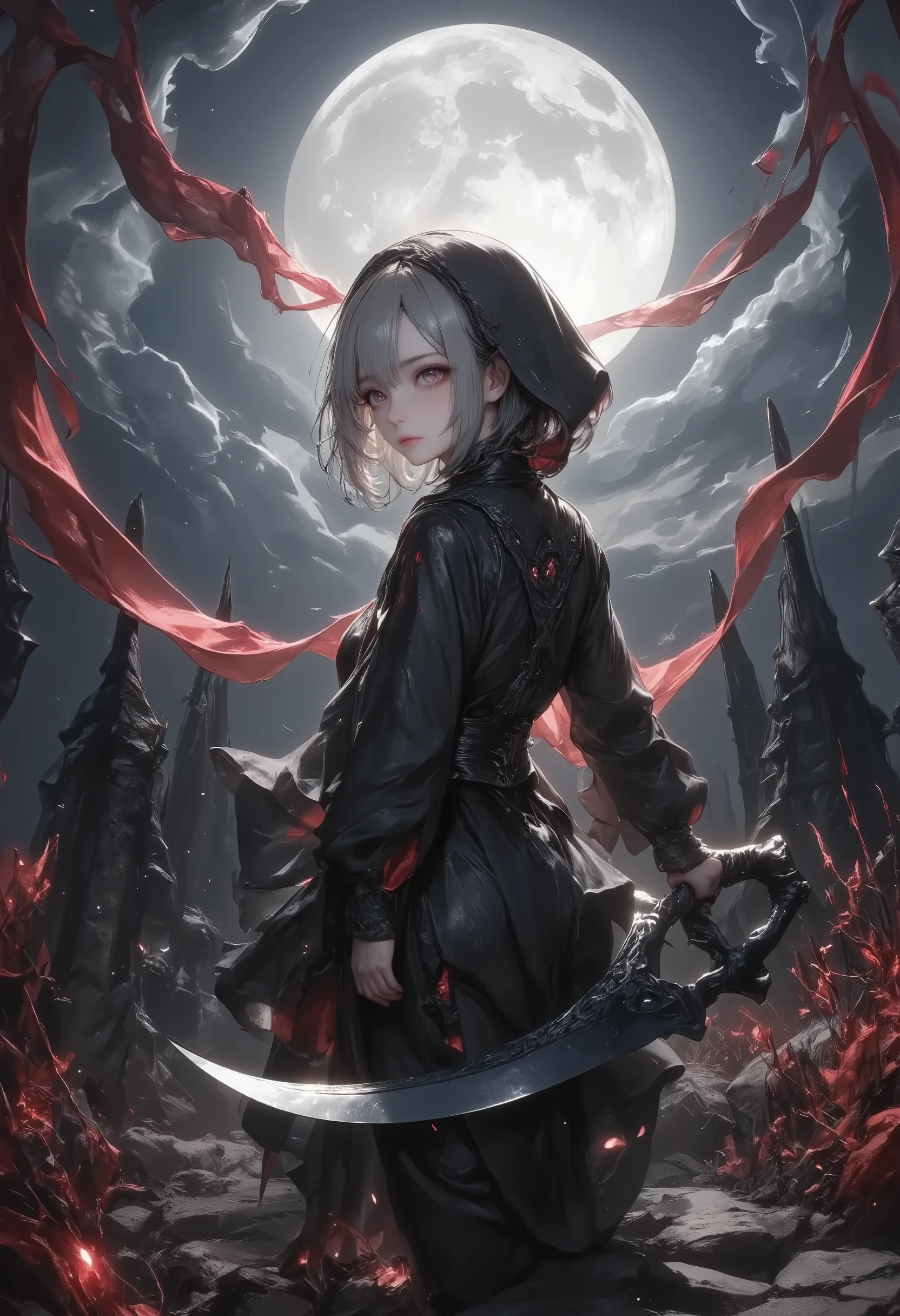 masterpiece, best quality, ultra-detailed, dark gothic, under a looming, eerie moonlight, a solitary girl\( trk,stands, clad in a flowing black robe with red linings, she holds a long, menacing scythe, its blade gleaming against the night sky, her posture is poised and steady, as if preparing for an imminent confrontation, her eyes narrow, glowing slightly beneath the shadow of her hood, conveying a sense of calm determination, the night sky is tumultuous, filled with dark, swirling clouds that seem to pulse with energy, red fabric strips drift and dance through the air, as if caught in an unseen current\), background\(the ground around her is scattered with stones and overgrown with wild, untamed plants, adding to the atmosphere of decay and desolation, behind her, the moon hangs ominously, its pale light casting long, sharp shadows, emphasizing the sharpness of her weapon and the contours of her form, the scene is filled with tension, as if capturing the calm before a storm, with an underlying sense of power and quiet rage, a moment frozen in time where the world seems to hold its breath, anticipating the inevitable. The colors used blend naturally with the background and her\)