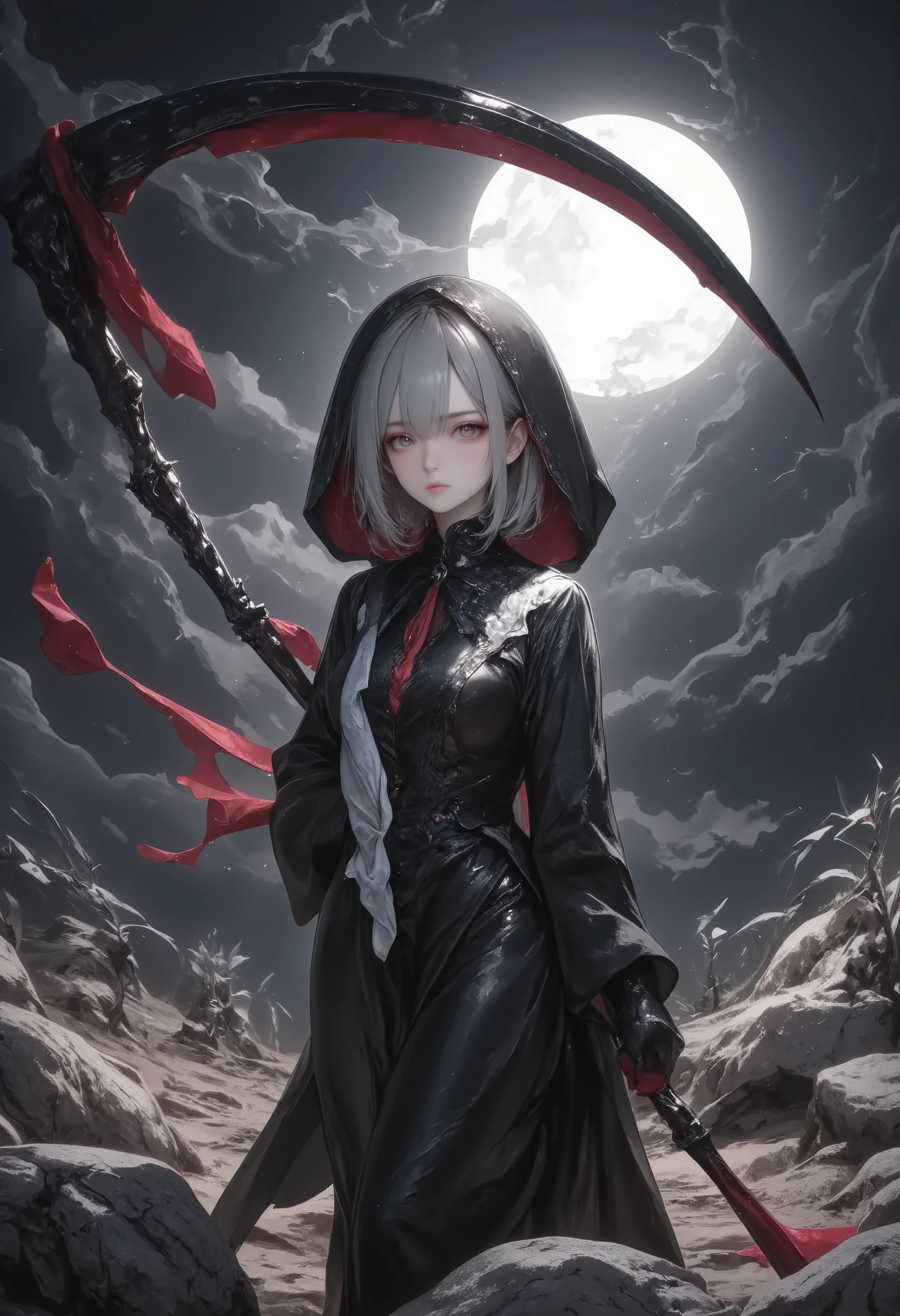 masterpiece, best quality, ultra-detailed, dark gothic, under a looming, eerie moonlight, a solitary girl\( trk,stands, clad in a flowing black robe with red linings, she holds a long, menacing scythe, its blade gleaming against the night sky, her posture is poised and steady, as if preparing for an imminent confrontation, her eyes narrow, glowing slightly beneath the shadow of her hood, conveying a sense of calm determination, the night sky is tumultuous, filled with dark, swirling clouds that seem to pulse with energy, red fabric strips drift and dance through the air, as if caught in an unseen current\), background\(the ground around her is scattered with stones and overgrown with wild, untamed plants, adding to the atmosphere of decay and desolation, behind her, the moon hangs ominously, its pale light casting long, sharp shadows, emphasizing the sharpness of her weapon and the contours of her form, the scene is filled with tension, as if capturing the calm before a storm, with an underlying sense of power and quiet rage, a moment frozen in time where the world seems to hold its breath, anticipating the inevitable. The colors used blend naturally with the background and her\)