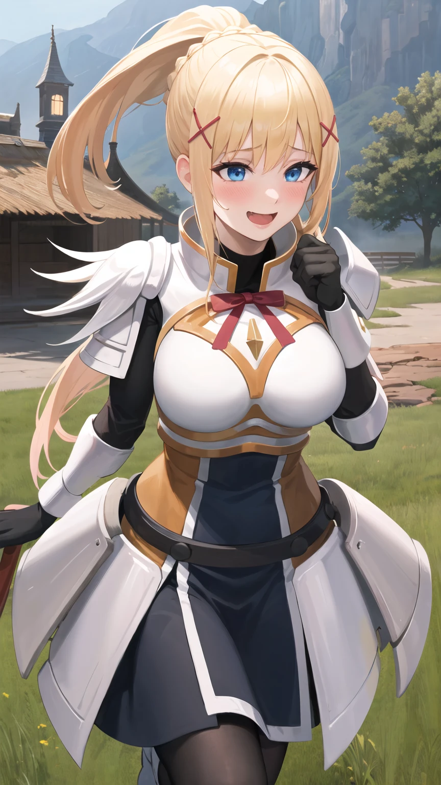 best quality, highres, 1girl, long hair, blonde hair, x hair ornament, armor, blue eyes, ponytail, hair ornament, gloves, shoulder armor, braid, black gloves, pauldrons, white boots, darkness \(konosuba\), large breasts, cowboy shot, castle, outdoors, (excited:1.2), blush, open mouth,