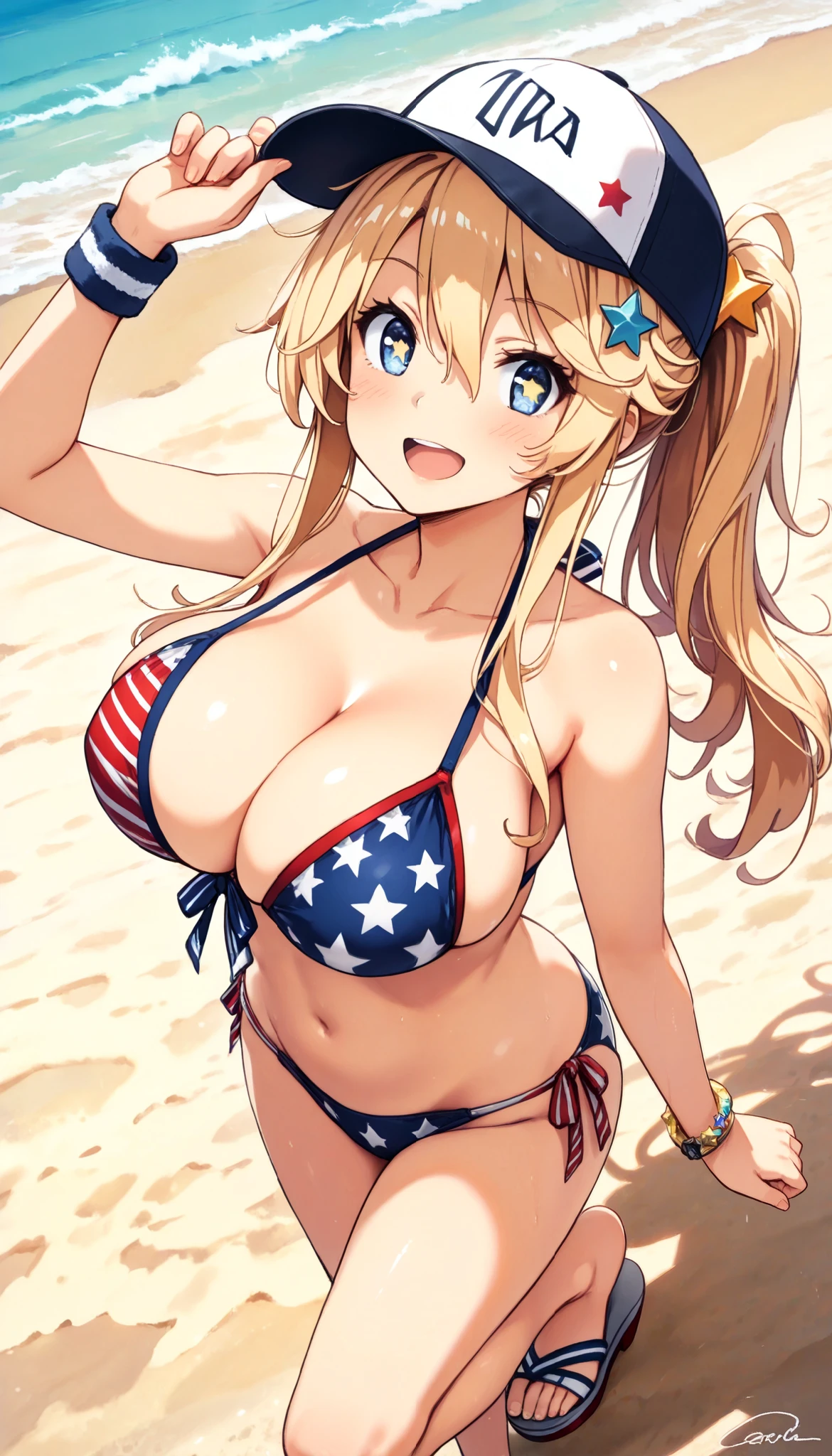 ,score_9, score_8_up, score_7_up, score_6_up, score_5_up, score_4_up、masterpiece, top quality, high definition , One Girl , Alone, \( Kantai Collection\), american flag bikini, baseball cap, alternative costumes , Different hairstyle, , blue eyes, (Star-shaped pupil:1.2), blue eyes, Chest,Large bust, clavicle, large Chest, long hair, Star Hair Ornament , bikini, striped bikini, wristbands, Sandals, Beach ,.Big Breasts, open mouth,smile,iowa（kancolle）