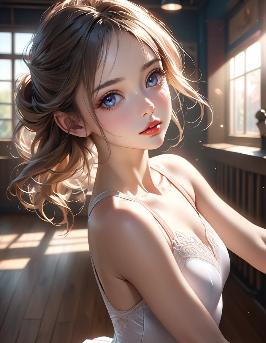 (Lovely pigeon eyes), (dark brown eyes:1.2),(tilt head)1.3,(Embarrassed face)1.4,(Half naked),extremely delicate face,soft clean focus, Realistic lighting and shading, (an extremely delicate and beautiful art)1.3, Elegant, (Pastel colors)1.2,