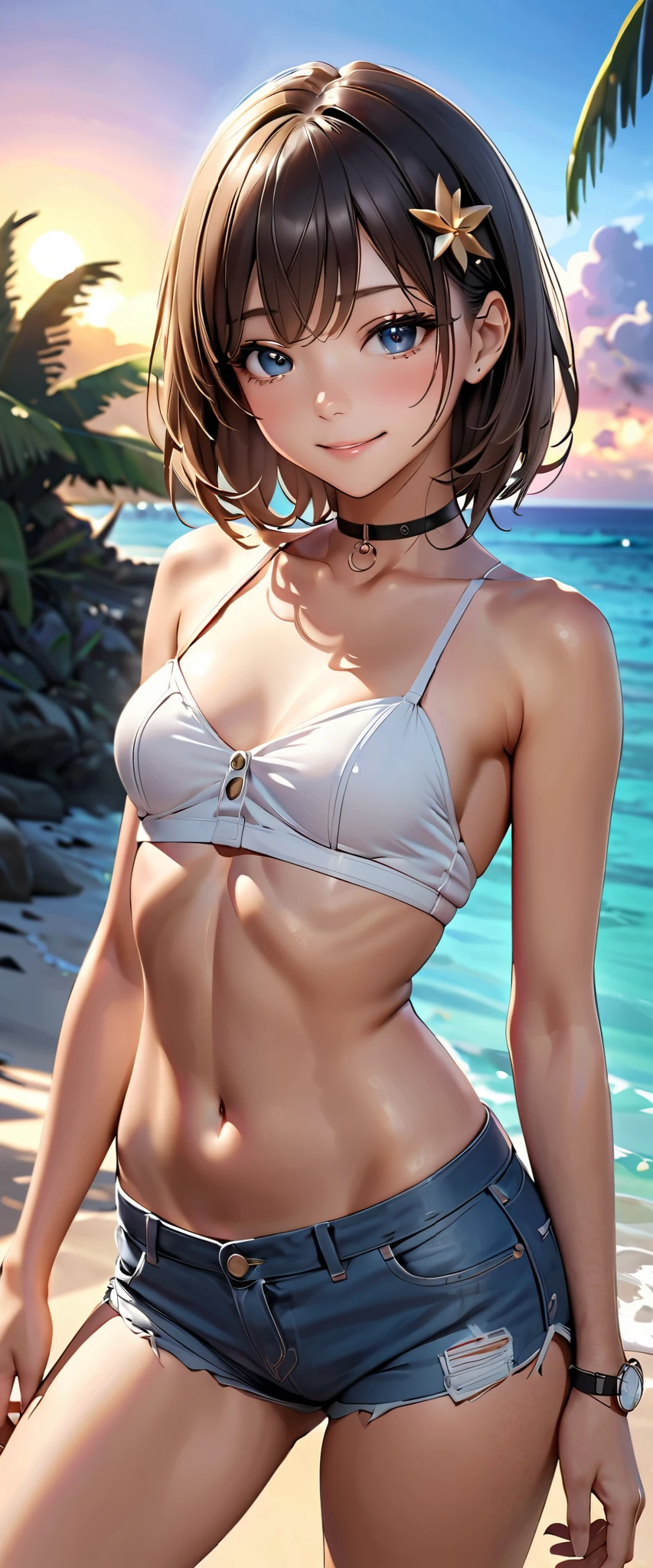  top quality ,  super high res, ( realistic:1.4), One person,   small breasts,  black chokers, smile, Exposing shoulders,  Focus Only ,  Watch viewers,Fair skin,sunset, palm trees, photon mapping,  looking up with moist eyes,  RAW photos ,  very detailed background, K-pop idol, is written by,beach, hair ornament, detailed face , pubic skin, game cg,whole body, micro jean shorts, High Leg Bodysuit ,