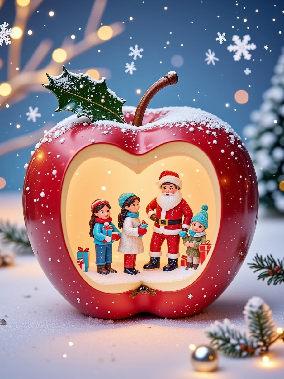 A Christmas apple-themed poster, a giant red apple. The texture of the apple is smooth and shiny. The surface of the apple is covered with snowflakes. The apple is cut from the front, and a warm picture is revealed inside the apple. Santa Claus distributes Christmas to a group of children. Gift, the light in the apple is mainly warm tones, the picture is warm and delicate, Q version of the villain, watching the world in miniature photography, 1sdzh1