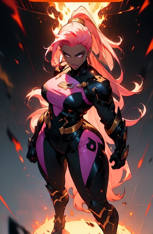 ((((Massive, beautiful, buff, muscular light brown skinned female samurai with shocking pink hair, black lipstick, ginormous bulky muscles, holding a pink fire sword and wearing an all pink cyber samurai armor with pants)))), {close view}, black eyeliner, massive muscles, large breast, massive biceps, hyper muscle triceps, (angled bob cut), red eyes, samurai boots, In a futuristic city, sleeveless, steel samurai armor, nighttime, closed smile, hyper muscles arms, hyper muscle legs, ginormous arms