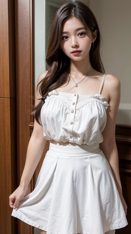 Marian Rivera, feet, Captivating smile, Closed clothes, Proper attire, Beauty face , The body is slim , Abdominal muscles:1.4, 30 years old, ((1 girl, alone)), ((whole body)), ((Medium chest:1.3)), ????????????? A. to, (hair, RAW Photos, highest quality, Masterpiece l1.4), (Realistic, photo-Realistic:1.37), (micro:1.4), Expose , ((diamond nechairlace)), Earrings, glamorous, white shairin, ((At Luxury Hall), loohair at viewers, Wavy brunette hair, Long Hair,Asymmetrical bangs、 (Lighting), Dynamic pose, (), ((Beautiful Eyes), ??????, High resolution, Very detailed, Ambient Oc、((wearing Pleated skirt in off-white:1.3)),
