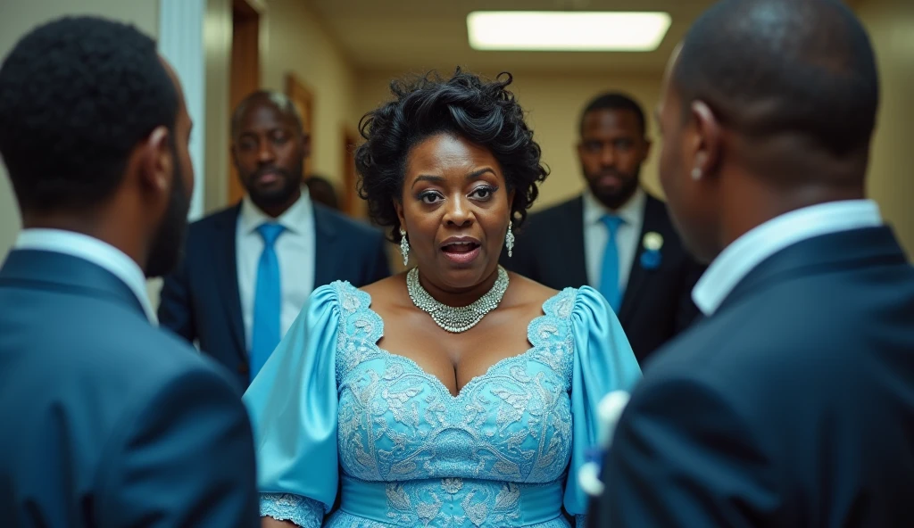 Generate an image of a With a dark black African handsome groom running behind  a black curvy African bride who is crying and sad in a nice interior. It should be realistic  