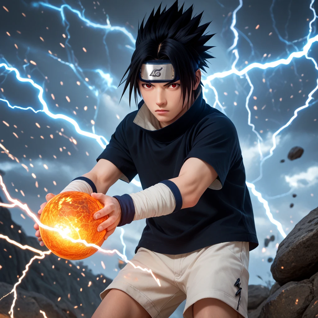 Sasuke uchiha, 1boy, solo, red eyes, black hair, short hair, spiked hair, parted bangs, forehead protector, high collar, black shirt, short sleeves, cream shorts, lightning magic, lightning ball, hand carrying lightning ball, rocks background