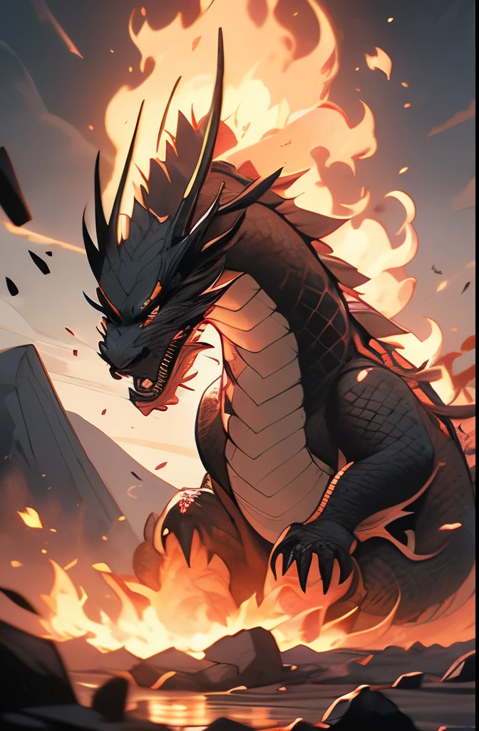 a dragon with a fire in its mouth flying over a mountain, fire dragon, ancalagon the black, the devil in hell as a dragon, dragon art, dragon in the background, drogon, dragon made out of molten lava, “fire breathing dragon, charging through a dragons lair, ''dragon breathing fire, dragon!, black dragon