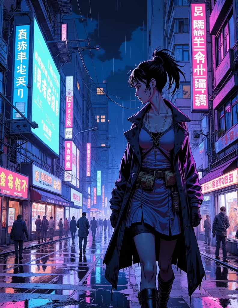 Femme magnifique ( néon cyberpunk ), neon sings, cyberpunk city, ramen shop, high detailed,  high-quality,  neon lights