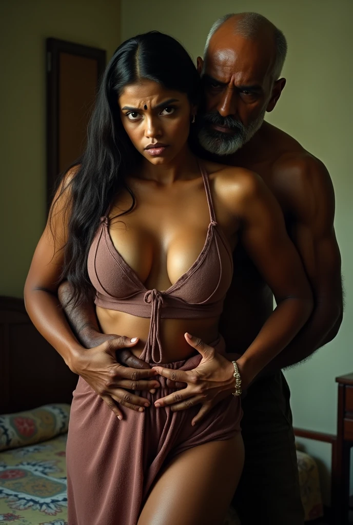 South Indian woman, sexy body, dark skinned, standing in front of her old uncle((uncle sitting in bed, horny)), she wearing white long petticoat, navel, cleavage, erotic , seen from the side, scared , she is looking her uncle, uncle lusting her body, nipple visible, belly chain