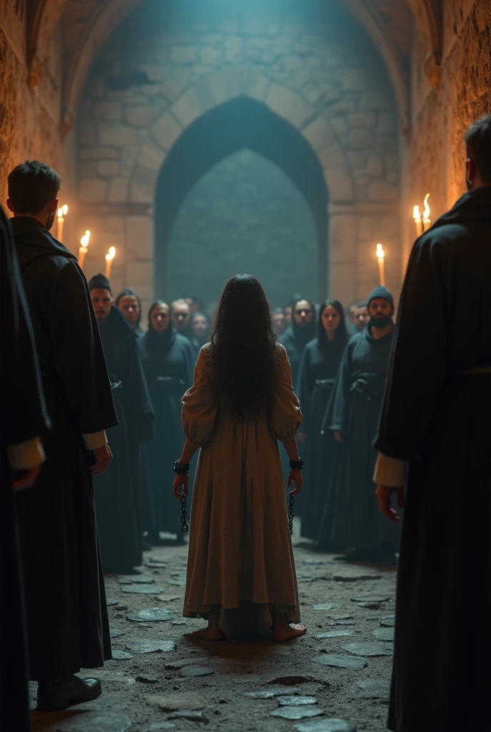 Image of a witch being judged by a group of medieval clerics, with expressions of condemnation and fear.