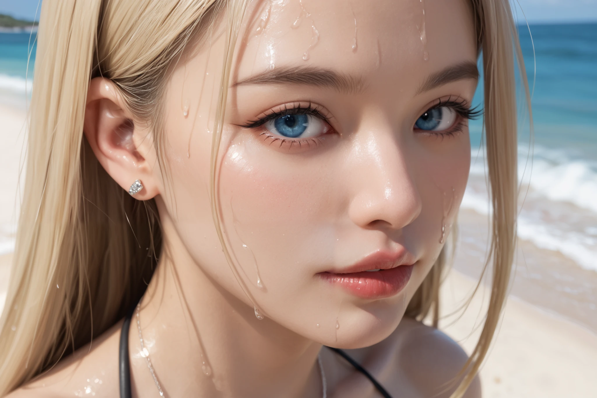 (Best Quality, 8k, 32k, Masterpiece, UHD:1.3), ultra detailed, best quality, photorealistic, face of elsa hosk, (big boobs:1.5), (big ass:1.4), bubble butt, Perfect Body, Ultra Detailed Face, Detailed Lips, tight ass, small feet, light blue eyes, golden blonde wavy hair, red lips, seductive, portrait of blonde scandinavian goddess kneeling and looking up at the camera, girl seen from above, open mouth, kneeling, looking up at camera, (((drooling))), (aroused), (turned on), wet clothes, volumetric lighting, beach background