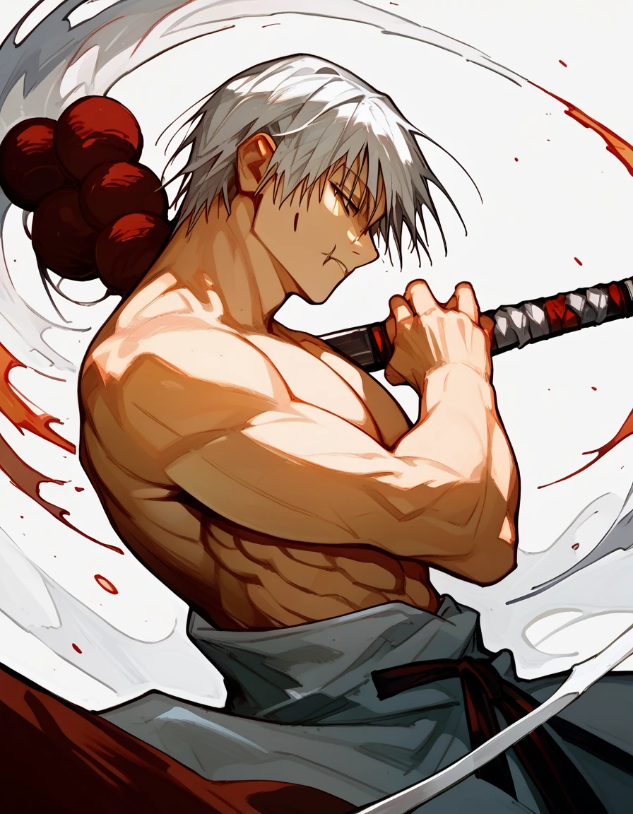 Toji with short white hair showing his great aesthetic perfect muscular has a sword