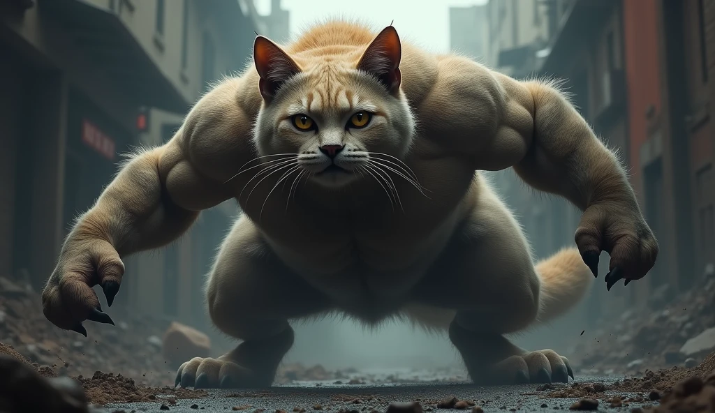 A crying bodybuilder cat running to the side of the room 