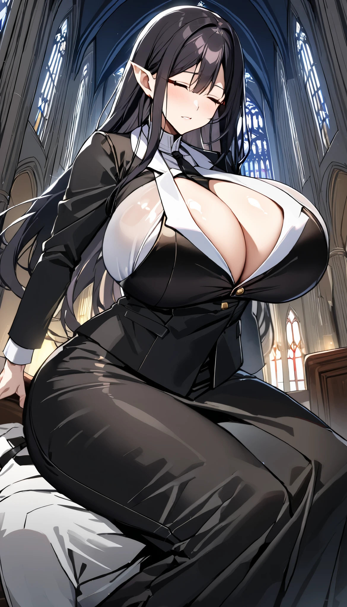 masterpiece, High definition,  beautiful woman {(Elf)}, MILF,  huge boobs ,  hourglass body,  Isekai Church , Inside the cathedral, Cathedral hospital room , clothes{( white noble priest's uniform  , black long skirt ,)},  long black straight hair ,  with eyes closed , married woman, Elf귀 , Expressionless, Sitting on top of your body