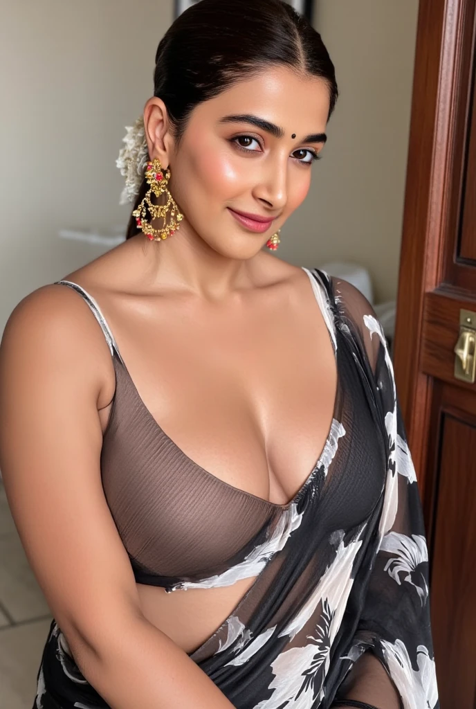 Indian beautiful woman sexy bhabhi, Copper colour strapless Sleeveless blouse,very deep cleavage,curvy plus size model wearing transparent white black floral color saree ,Copper colour satin glossy strapless sleeveless blouse, plenty of red and white bangles in hand,bindi on fore head,facing to camera in standing in a bedroom  for honeymoon with a glass of milk,curvy plus size figure,big large m-cup breasts, deep cleavage, huge breasts, side bun hairstyle, bright eyes, thin eyebrows, fair skin, blushing cheeks, prefect ,head to thighs view, head to thigh view, bright sunlight,1girl, solo, flirt, seduce pose, pleasure expression, languid breathing,1girl, Solo, High Resolution, Long Hair, Breasts, Looking at viewer, Blush, Smile, High Resolution, Masterpiece, Accurate, Anatomically Correct, Award Winning, Best Quality, Detail, HD, High Details, High Quality, Quality, Retina, Super Detailed, Textured Skin, UHD, Long Hair, Breasts, Large breasts, Earrings, Blush, Smile, Blurry, Perfect hands,Sparkle, Depth Of Field, Motion Lines, Foreshortening, Lens Flare, Backlighting, Emphasis Lines, Motion Blur, Silhouette, Speed Lines, Bokeh, Film Grain, Drop Shadow, Diffraction Spikes, Bloom, Caustics, Vignetting, Scanlines, Overexposure, Optical Illusion, Chiaroscuro, Image Fill, Chromatic Aberration Abuse, Cinematic Lighting, God Rays, Glowing Light, Halftone, Abstract, Ukiyo-e, Minimalism, Impressionism, Minimalism, Illustration, Art Deco, 8K Octane, 3D Rendering, Abstractionism, Abstract Expressionism, American Propaganda Poster, Anime Style, Apocalypse, Art Nouveau, Baroque, Artistic, Baroque, Behance, Blind Box Toy Style, 