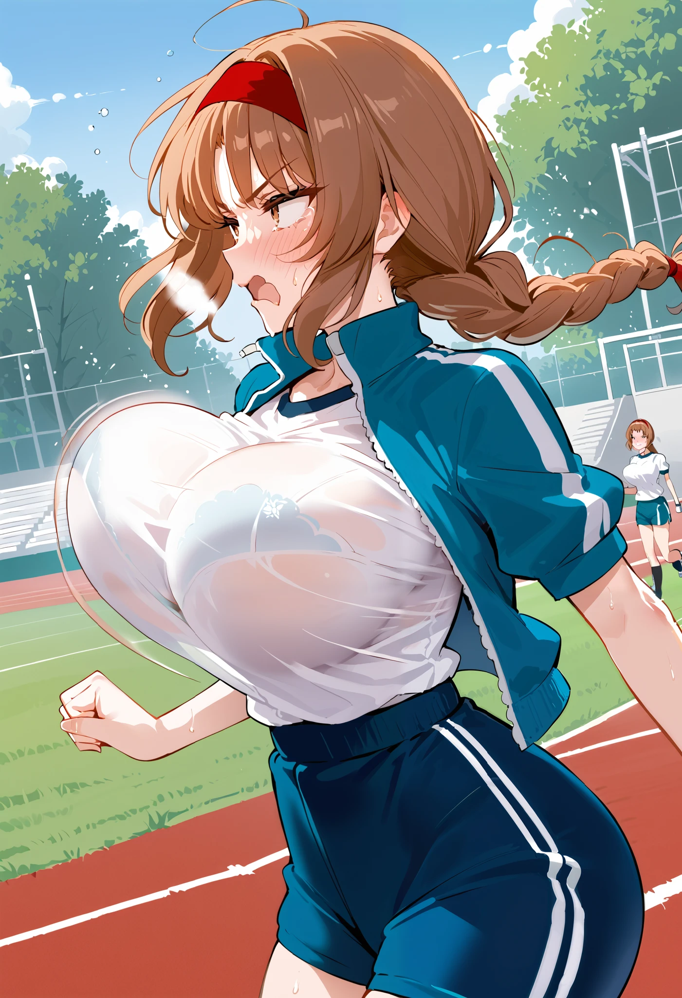 takao_Ask , brown hair, long hair, braided ponytail, red hairband ,brown eyes, official art, ((large breasts)), gym uniform,track jacket,break outdoors,school,break, looking away,break score_9, score_8_up, score_7_up, source_anime ,zPDXL, perfect hand , dynamic angle,
embarrass,sweat,steam,blush,feel horny,angry,(Drunk),( rough breathing:1.2),open mouth,half closed eyes,Estrus,(troubled face),very tired,(bouncing boobs:1.6), (huge breasts:1.3),( wide tits),full bust,busty, Round breasts ,Athletic breasts,slender,(nalow waist:1.3),Skinny Body,taut clothes, bra visible through clothes,(running:1.2),side view,dynamic angle