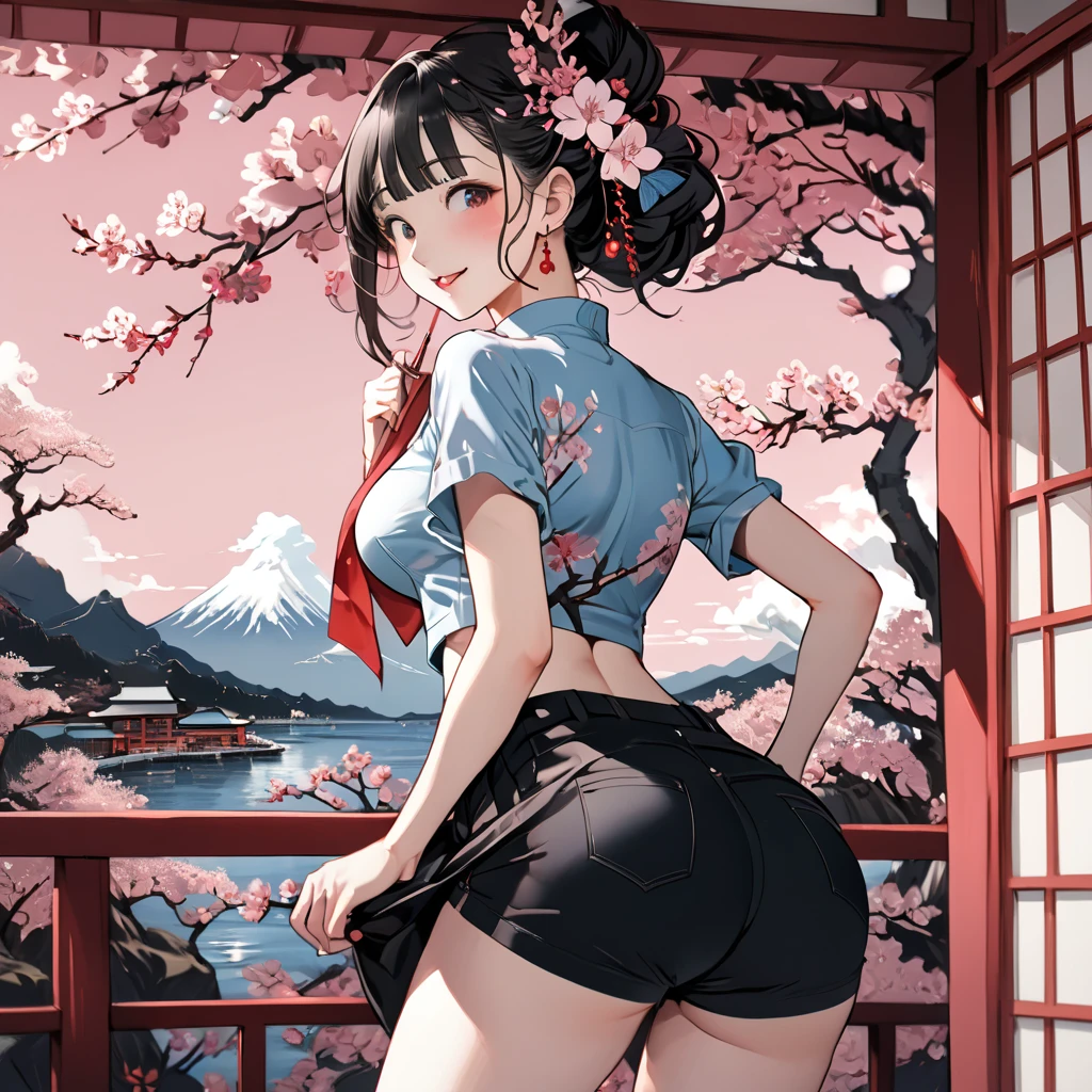   Masterpiece  ,  great quality,  top quality ,  high definition , 4K, 8k, 超 high definition , 
 Ukiyo-e painting style ,Pink World,
1girl, hotpants、 chest , ,whole body,.Mischievous expression,tourist spot、Ass、
