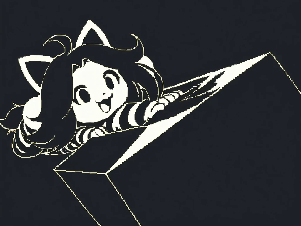 temmie\(undertale\) in the box,(pixel art), monochrome, excited,dynamic angle,close up of the face, motion blur,dynamic angle