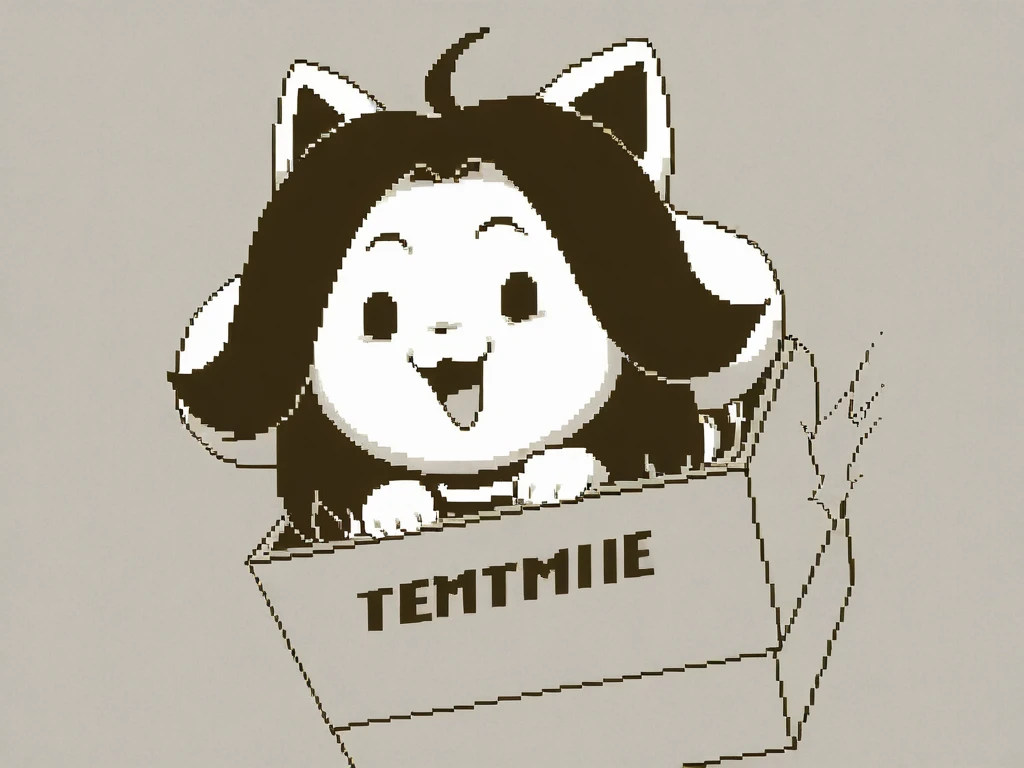 temmie\(undertale\) in the box,(pixel art), monochrome, excited,dynamic angle,close up of the face, motion blur,dynamic angle