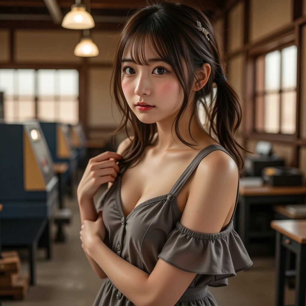 『 1 Japanese girl:1.3』『 real photo:1.3』 top quality :1.2、(( Big Breasts ))、 showing slight cleavage 、((若いwoman))、(( has red cheeks))『 smiling :1.9』、((( anatomically correct、 perfect anatomy、 anatomically correct指)))、 realistic ,  top quality ,  super high res,  RAW photo, (Curvy body)、
 Atmosphere Perspective , 8k,  super detailed , Accurate,  top quality , ((Japanese young actress, Round face)), Movie Skin, (Correct limbs), woman, , Open your chest a little, (Droopy eyes, I'm sleepy I saw ), Accentuate the shape of your breasts, (shy, Sigh,   open mouse ), (( straddles exposed poles and pipes as if hitting cute panties)), ( open legs,  and raise your leg), (((masturbating, final))), Small Factory, Many CNC machines, ceiling, (hair up),  Work clothes, ((Skirts below the knee)),  big window, sunset, A little warm lighting,