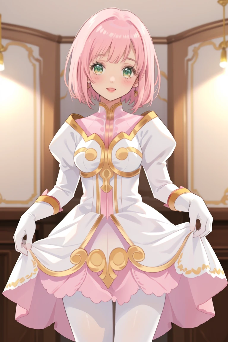 masterpiece, Highest quality, alone, One Girl,Estellise Sidos Heurassein, Pink Hair, short hair, Green Eyes, Small breasts, White and pink dress, Glamorous Dress, Pink collar, Pink Skirt, White boots, White gloves, (Black Pantyhose, Black legwear:1.1)whole body, Little:5, cute, (Beautifully detailed face), (Beautiful attention to detail), (Beautiful detailed hair), mini skirt, (skirt lifted by self:1.2), pov