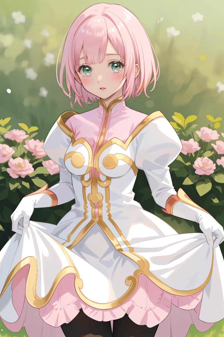 masterpiece, Highest quality, alone, One Girl,Estellise Sidos Heurassein, Pink Hair, short hair, Green Eyes, Small breasts, White and pink dress, Glamorous Dress, Pink collar, Pink Skirt, White boots, White gloves, (Black Pantyhose, Black legwear:1.1)whole body, Little:5, cute, (Beautifully detailed face), (Beautiful attention to detail), (Beautiful detailed hair), mini skirt, (skirt lifted by self:1.2), pov