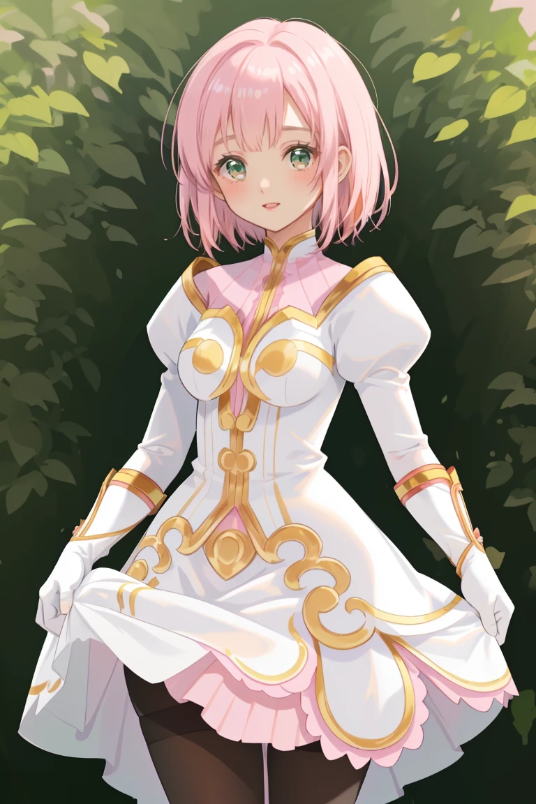 masterpiece, Highest quality, alone, One Girl,Estellise Sidos Heurassein, Pink Hair, short hair, Green Eyes, Small breasts, White and pink dress, Glamorous Dress, Pink collar, Pink Skirt, White boots, White gloves, (Black Pantyhose, Black legwear:1.1)whole body, Little:5, cute, (Beautifully detailed face), (Beautiful attention to detail), (Beautiful detailed hair), mini skirt, (skirt lifted by self:1.2), pov