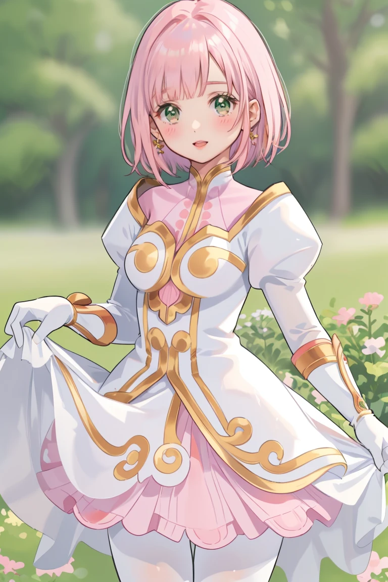 masterpiece, Highest quality, alone, One Girl,Estellise Sidos Heurassein, Pink Hair, short hair, Green Eyes, Small breasts, White and pink dress, Glamorous Dress, Pink collar, Pink Skirt, White boots, White gloves, (Black Pantyhose, Black legwear:1.1)whole body, Little:5, cute, (Beautifully detailed face), (Beautiful attention to detail), (Beautiful detailed hair), mini skirt, (skirt lifted by self:1.2), pov