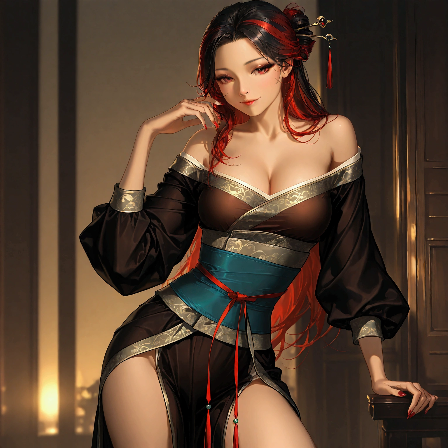 soft lighting, highest details, best quality, Samurai girl, ( a pretty girl, 20 year old ), wear samurai clothes, ( nice body shape, sport body ), midnight jungle, red hair, blue eyes,( Full body view ), standing, ( huge breast : 1.5).