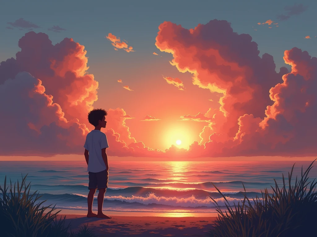 A boy named Tomas Feliz was watching a beautiful sunset at sea.