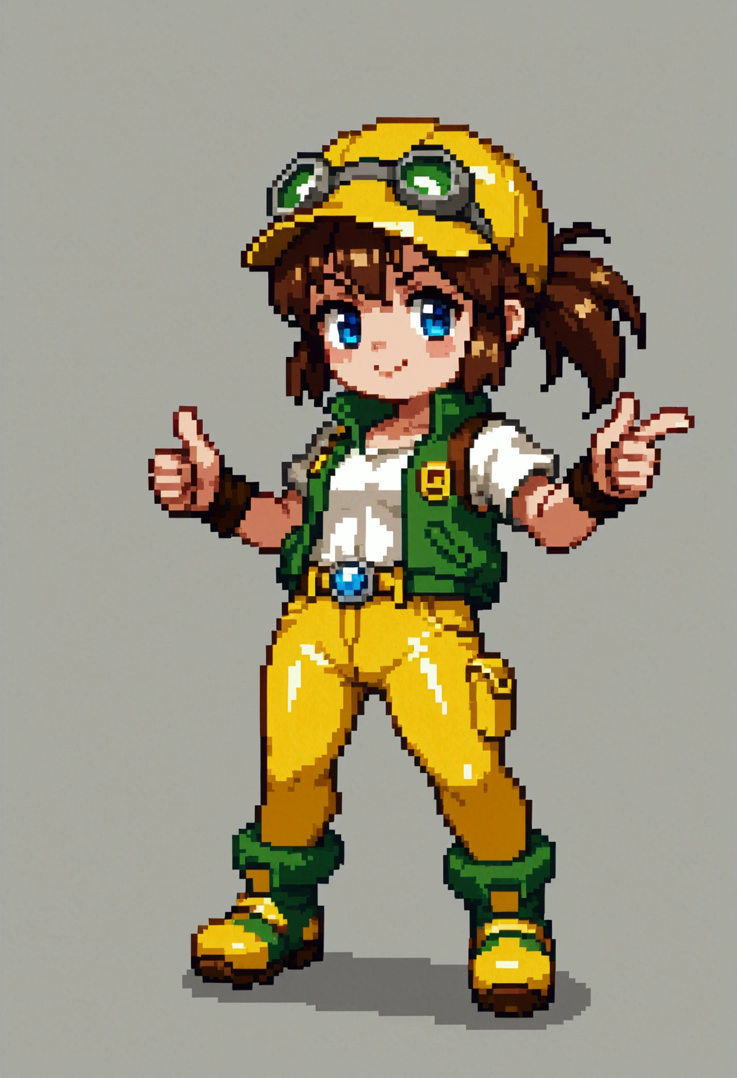 A pixel art depiction of Marco Rossi, the iconic character from Metal Slug, giving a thumbs-up. He is wearing his signature outfit but with a bright yellow oil engineer's helmet. The background is a vibrant industrial scene created in a retro pixel art style, featuring simplified oil rigs, pumpjacks, and machinery. Marco's expression is cheerful and confident, staying true to his heroic and energetic character. The style mirrors classic 16-bit arcade aesthetics, with vibrant colors and detailed pixel shading.