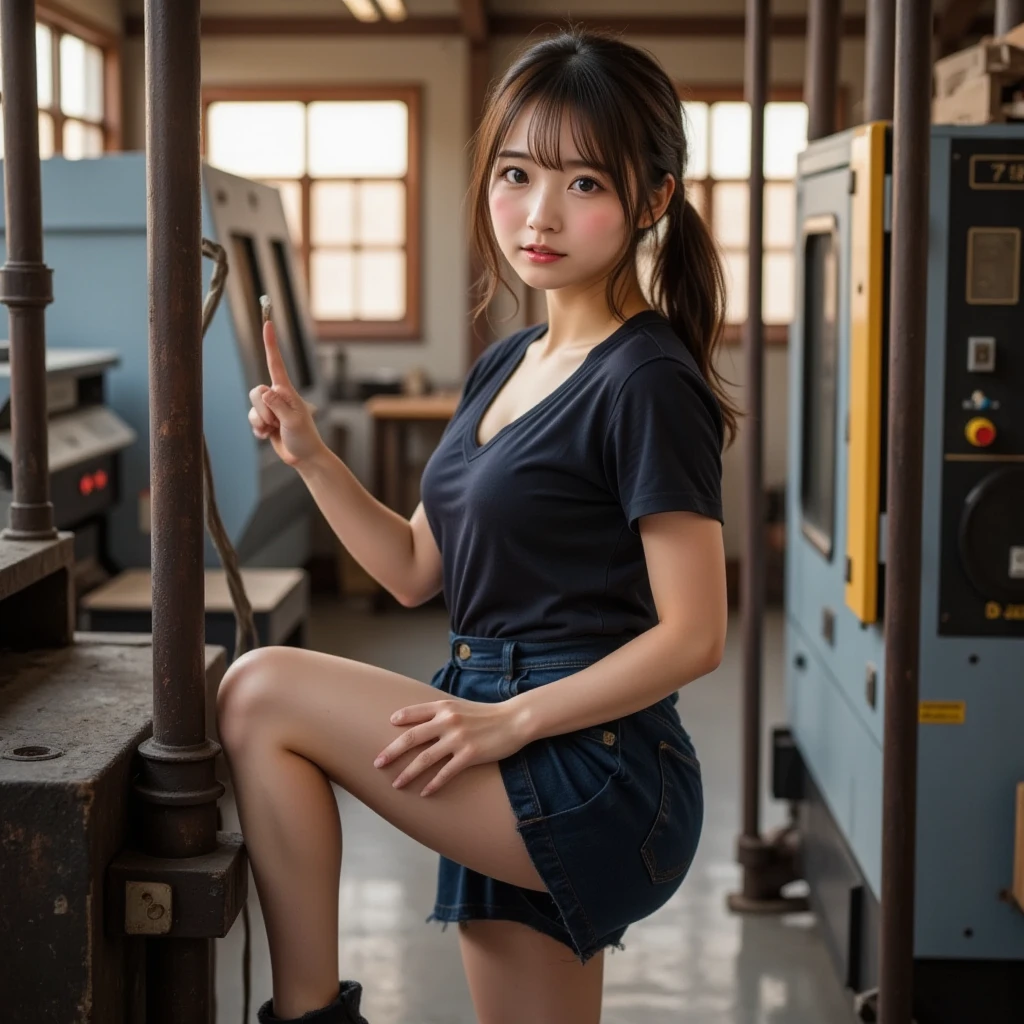 『 1 Japanese girl:1.3』『 real photo:1.3』 top quality :1.2、(( Big Breasts ))、 showing slight cleavage 、((若いwoman))、『 smiling :1.3』、((( anatomically correct、 perfect anatomy、 anatomically correct指)))、 realistic ,  top quality ,  super high res,  RAW photo, (Curvy body)、
 Atmosphere Perspective , 8k,  super detailed , Accurate,  top quality , ((Japanese young actress, Round face)), Movie Skin, (Correct limbs), woman, , Open your chest a little, (Droopy eyes, I'm sleepy I saw ), Accentuate the shape of your breasts, (shy, Sigh,   open mouse ), (( straddles exposed poles and pipes as if hitting cute panties)), ( open legs,  and raise your leg), (((masturbating, final))), Small Factory, Many CNC machines, ceiling, (hair up),  Work clothes, ((Skirts below the knee)),  big window, sunset, A little warm lighting,