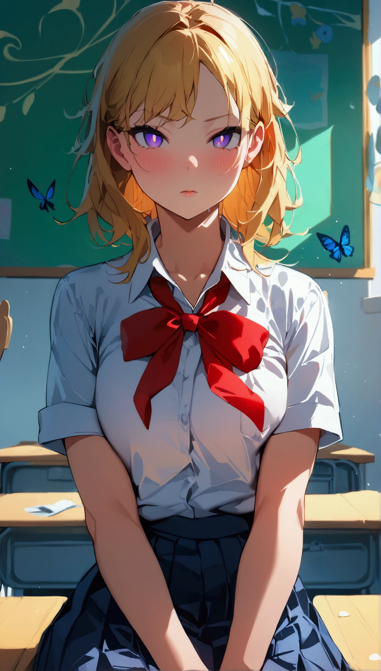 1 girl, school girl, student, red collar ribbon, school uniform, pleated skirt, dark blue skirt, tomboy, medium length hair, blonde hair, purple eyes, butterfly-like, pupils, human, cute, classroom, fair skin, sitting, looking at viewer, master piece, best quality, sharp lines, 8k, 8k Ultra HD,