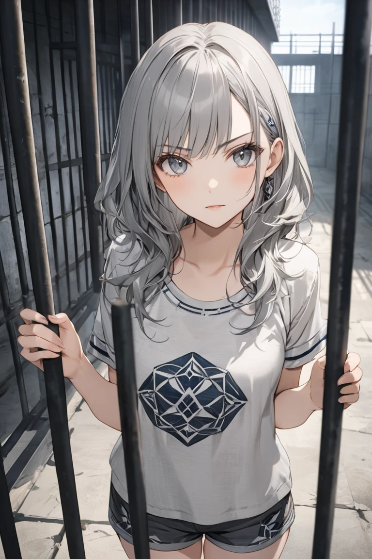 1girl, solo_female,  shorts, (masterpiece,  best quality:1.2, HD, 4K, UHD), older_female,  adult , V-shaped eyebrows, Confident, Hair Long and wavy, silver in color with dark, Eyes Crystal grey, Skin Pale, with subtle scars on her hands resembling ancient Symbols. Wears a simple, faded gray linen dress, worn down by years of imprisonment, adorned with small, hand-embroidered patterns hinting at her creativity. Style anime, Prison Background