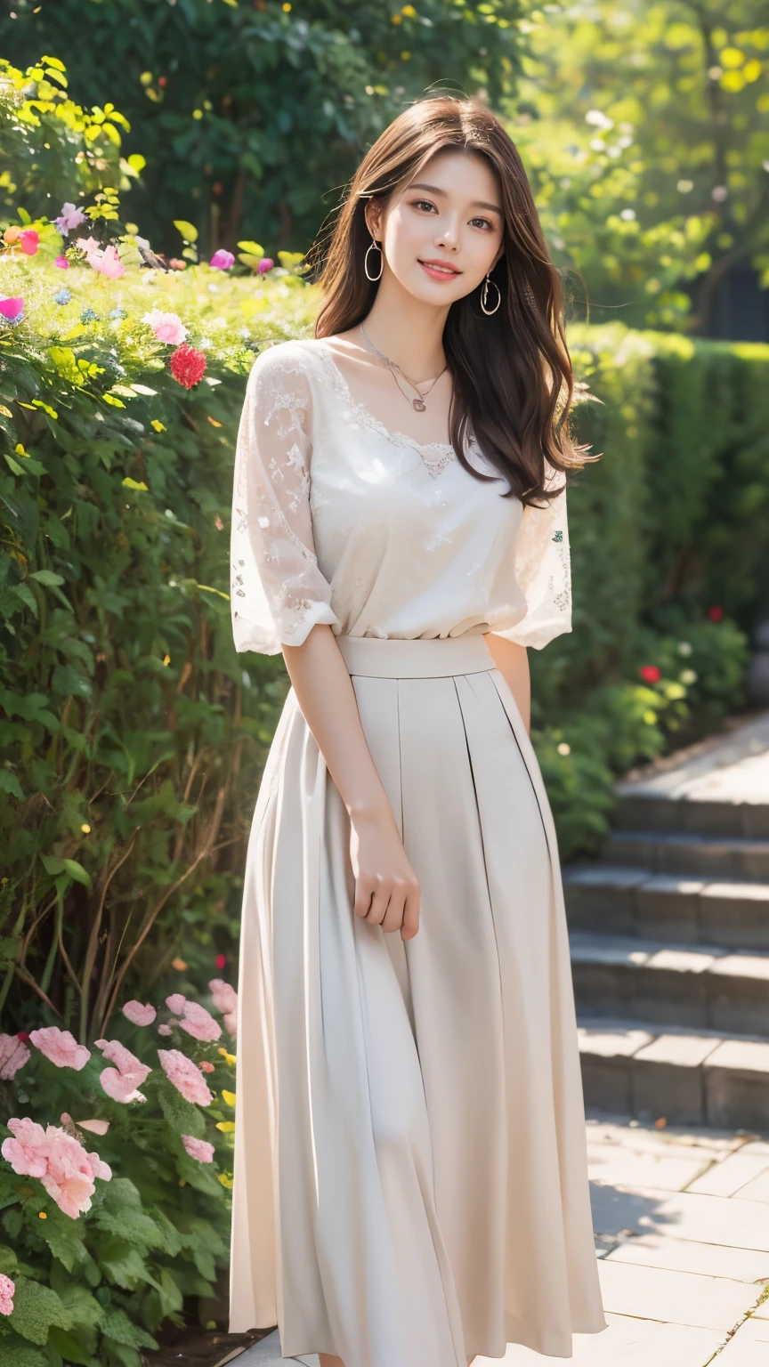 (RAW Photos:1.2), (Realistic:1.4),Beautiful detailed woman,非常にBeautiful Eyesと顔, Beautiful Eyes, Very detailedな,High resolution, Very detailed,Highest quality,Unified,8k wallpaper,masterpiece,Highest quality,1 female,alone,rich,Whole Body Ezbian,Narrow waist,alone,（Beige knit blouse,skirt,High heels）,Pearl necklace、Pearl Earrings、 Bobcut,smile,open mouth ,Realistic,Flower Field