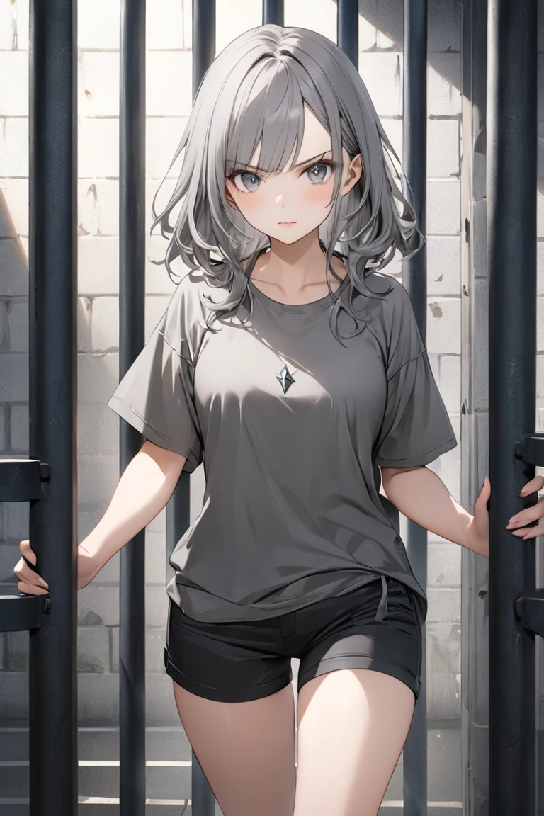 1girl, solo_female,  shorts, (masterpiece,  best quality:1.2, HD, 4K, UHD), older_female,  adult , V-shaped eyebrows, Confident, Hair Long and wavy, silver in color with dark, Eyes Crystal grey, Skin Pale, with subtle scars on her hands resembling ancient Symbols. Wears a simple, faded gray linen dress, Prison Background