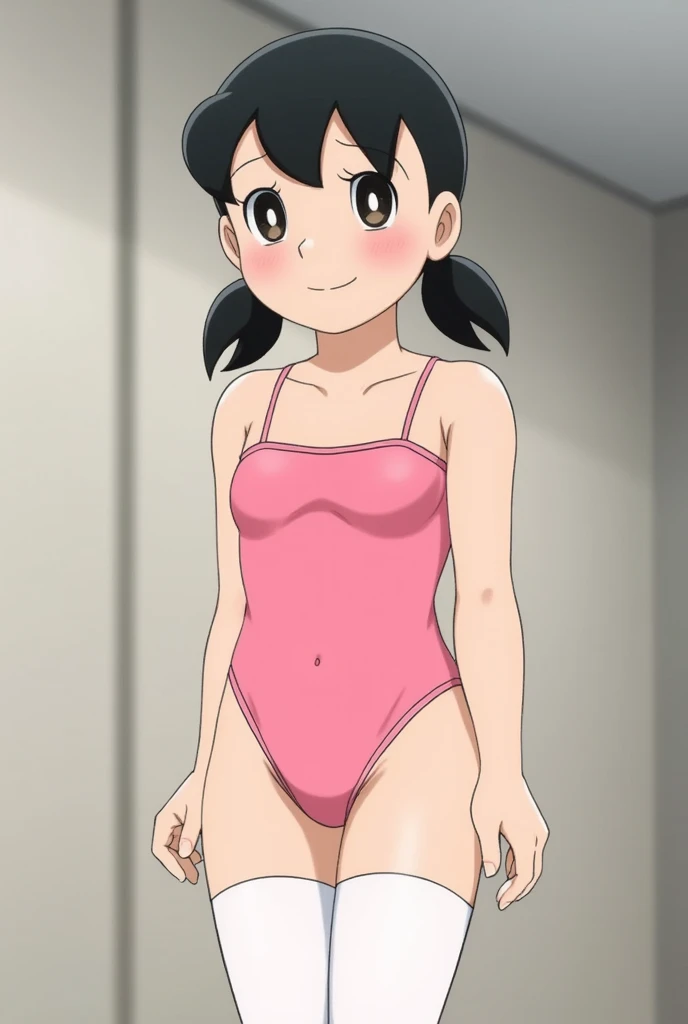 Shizuka, short black hair, pigtails, big breasts, blushing face, long white socks, sexy