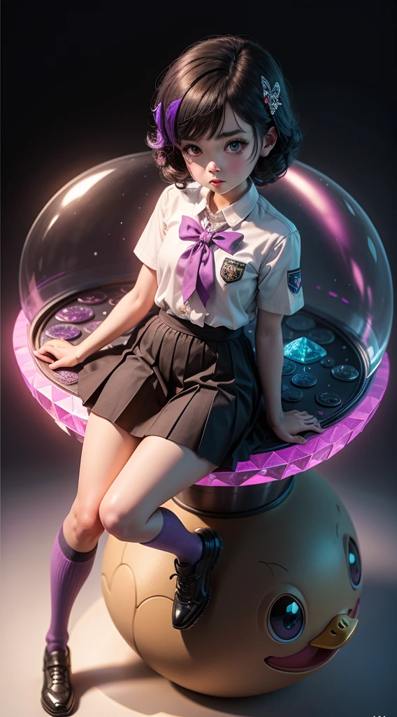 Q version of cute beautiful girl，Dumb cute，sitted，（Big eyes），Small mouth，（（（with short black hair，Braid））），looking at me，（JK school uniform，Meticulous portrayal），（（Figures，blindbox）），（（Colloidal material，crystal-clear，Good light transmission）），（Disney style），high qulity，high detal，（super-fine），16K resolution，（Macro lens），（（Works of masters）），（（Full body like）），（（solid color backdrop）），pink lighting，（（（Round thick base：1.3，Graphical model basics））），（Ray traching），（（Blue and purple majority））