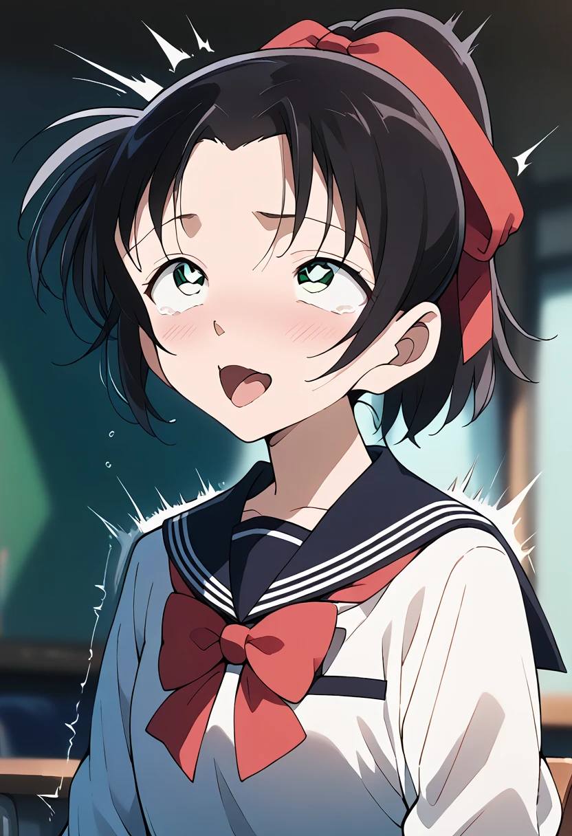 masterpiece, high definition , top quality ,8k
(tooyama kazuha,hair ribbon,ponytail,black hair,green eyes)
(white and black sailor suit,red bow tie) ((rolling eyes, feel pleasure))
(( strong shaking, motion blur being retouched,sit))