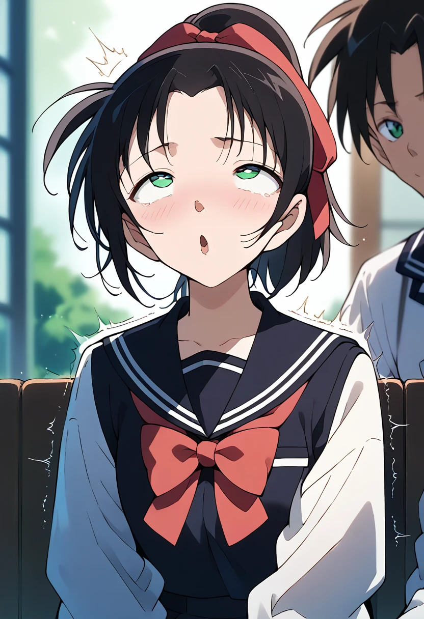 masterpiece, high definition , top quality ,8k
(tooyama kazuha,hair ribbon,ponytail,black hair,green eyes)
(white and black sailor suit,red bow tie) ((rolling eyes, feel pleasure))
(( strong shaking, motion blur being retouched,sit))