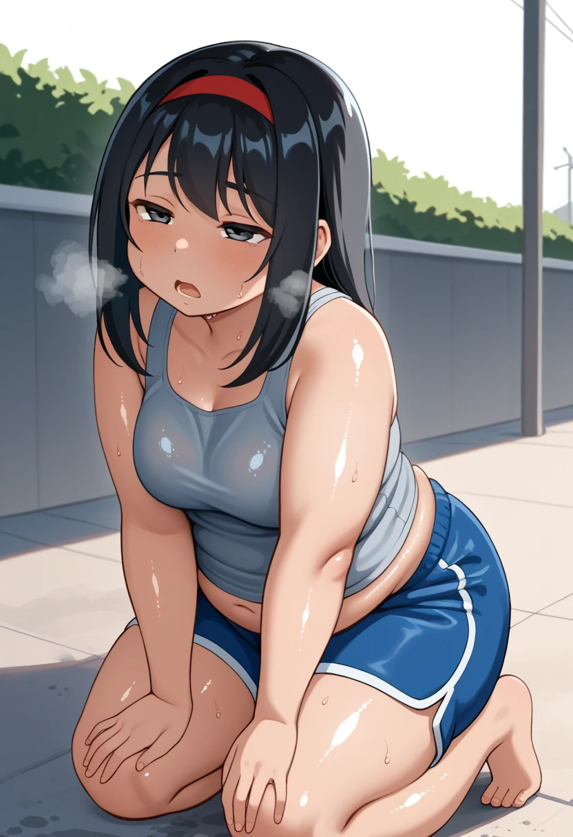 KPYoriGirl, score_9, 1girl, solo, outdoors, in school, oversized gray tanktop, blue shorts, bending ovet pose, tired, half body, sweaty, out of breath, dripping sweat, wet with sweat, open mouth, hands on knees, chubby, slightly obese, black hair, red handband, Sweat, shiny skin