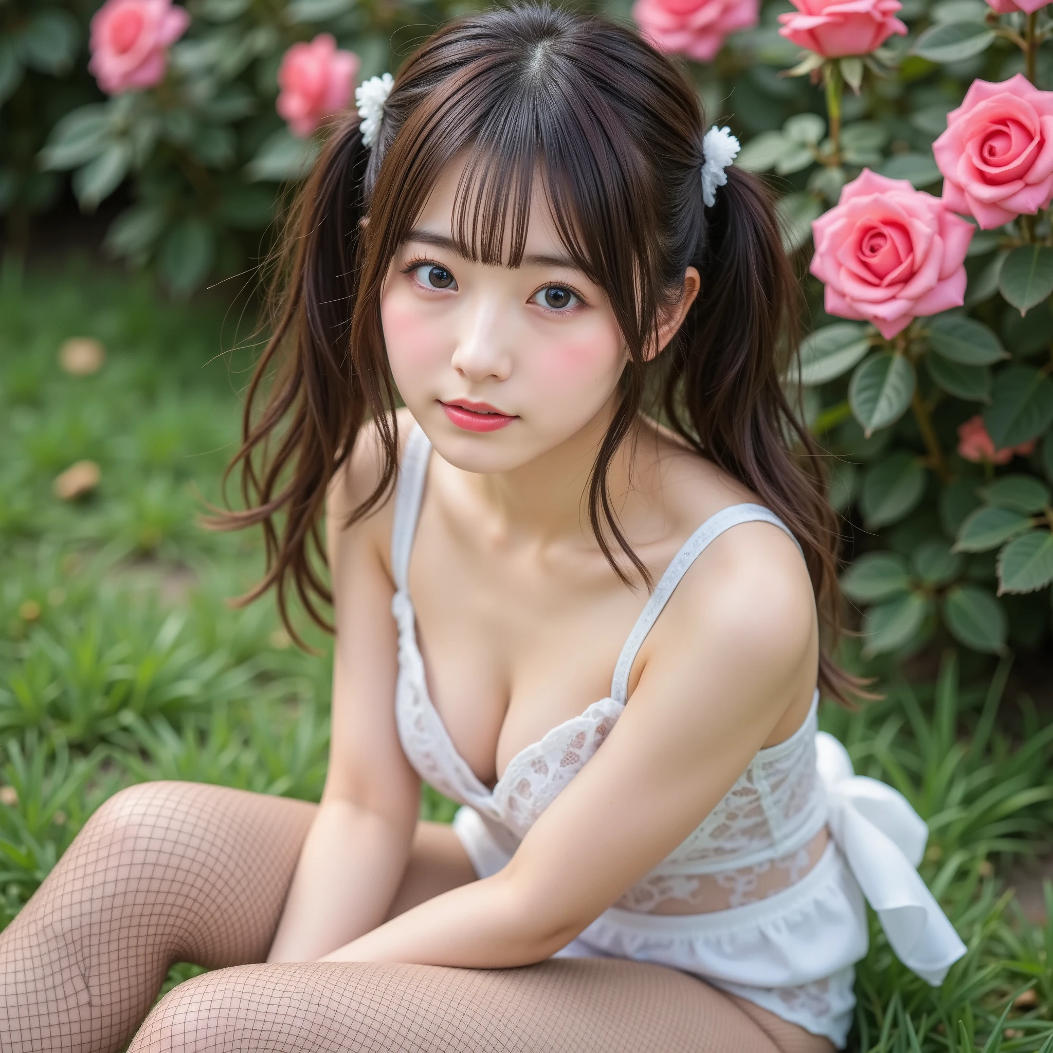 『 1 Japanese girl:1.3』『 real photo:1.3』 top quality :1.2、(( Big Breasts ))、 showing slight cleavage 、(( young woman))、(( has red cheeks))『 smiling :1.9』、((( anatomically correct、 perfect anatomy、 anatomically correct指)))、 realistic ,  top quality ,  super high res,  RAW photo, (Curvy body)、 Maid Nurse、 strapless white mesh bunny girl、 white mesh leotard 、 full body fishnet stockings 、Outfit is small 、Big Breasts、 big breasts 、 huge breasts、 twin tails、 slender body、On:1.6、 cute face、masterpiece、  Details、​masterpiece、 top quality 、 realistic 、 realistic 、 Full body pose 、Rose Pattern ,Sit on the grass and lean forward