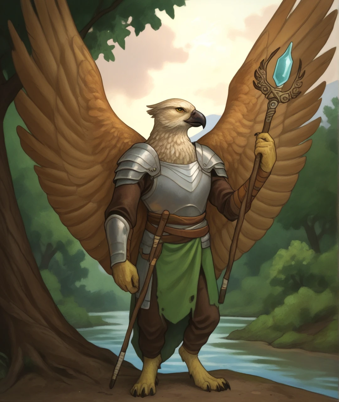 score_9, score_8_up, score_7_up, score_6_up,
BREAK
bird, outdoors, staff, tree, wings, 1boy, holding, nature, solo, cloud, painting, (medium), water, armor, sky, standing, traditional media, forest, eagle, animal, holding staff, male focus, holding weapon, weapon, furry, feathered wings
 