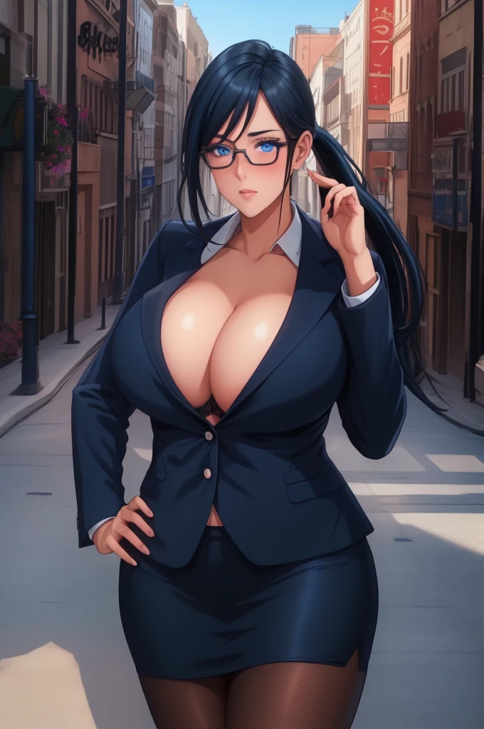 (high quality:1.1), detailed, cinematic lighting, shadows, official art,
TakamineAyako, 1girl, solo, mature female, milf, standing, (hand on own face:1.1), (hand on glasses:1.2), hand on hip,  cowboy shot,
looking at viewer, confident, determined, blush,
black hair, blue hair, long hair, ponytail, eyelashes, blue eyes, semi-rimless eyewear
black blazer, black bra, pencil skirt, pantyhose,
curvy, large breasts, thighs, 
city park, day, complex background, absurdres, sky,
