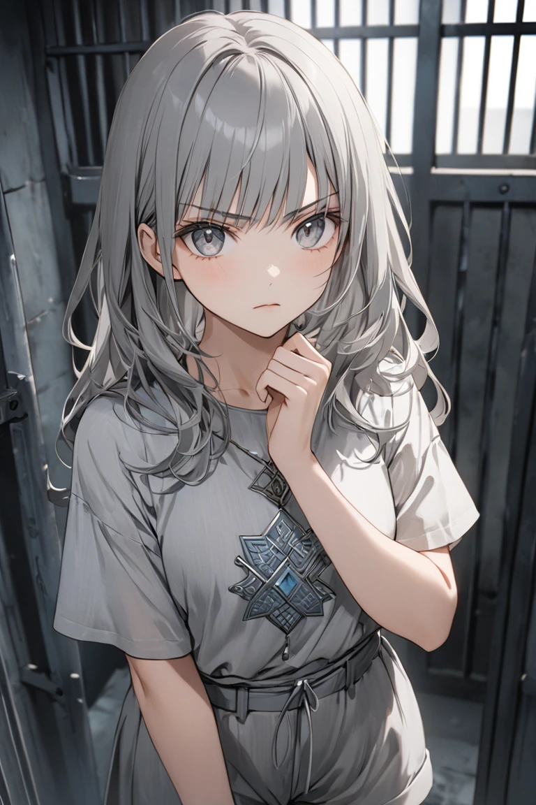 1girl, solo_female,  shorts, (masterpiece,  best quality:1.2, HD, 4K, UHD), older_female,  adult , V-shaped eyebrows, serious , Hair Long and wavy, silver in color with dark, Eyes Crystal grey, Skin Pale, with subtle scars on her hands resembling ancient Symbols. Wears a simple, faded gray linen dress, worn down by years of imprisonment, adorned with small, hand-embroidered patterns hinting at her creativity. Style anime, Background of a prison room