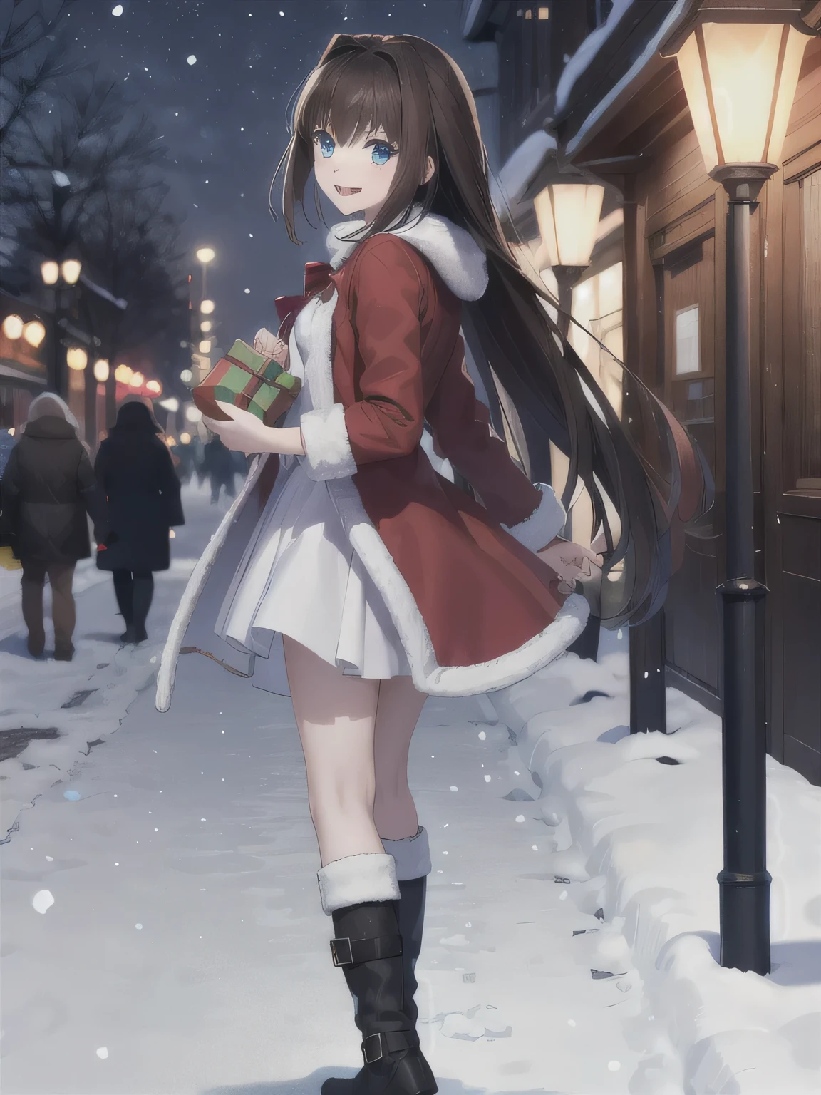 She is dressed in a classic Santa Claus outfit, with a red and white coat, a matching skirt, and black boots, perfectly tailored to her small frame. On her back, she carries a large, white sack filled with presents, the soft fabric of the bag hinting at its generous contents. The The background is a street corner illuminated with Christmas decorations, with the sky transitioning from a warm orange of sunset to the cool blue of night. Snowflakes gently fall, adding to the tranquil winter atmosphere. The girl’s bright and cheerful expression contrasts beautifully with the peaceful surroundings, evoking a sense of warmth and festive joy. masterpiece, top quality , high definition , long hair, Brown Hair.